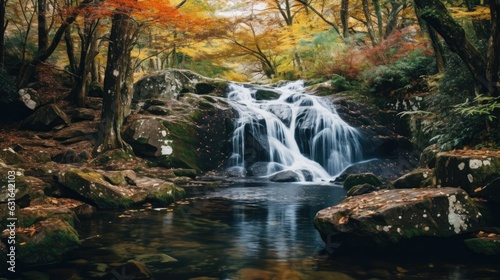 photograph of a cascading waterfall surrounded by lush autumn foliage