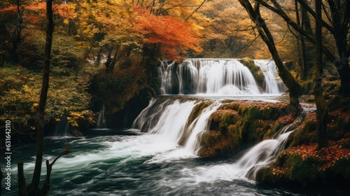 photograph of a cascading waterfall surrounded by lush autumn foliage