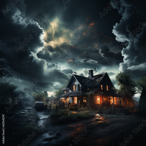 Dark, stormy clouds over a mysterious, abandoned building in a solitary, wild space. Book cover.