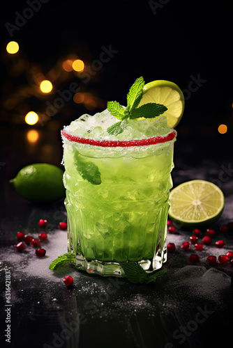 Xmas Grinch Punch in glass decorated berries on white table make of cool lime sherbet. Close up. Tasty beverage for Christmas holiday. Copy space. Generative AI. photo