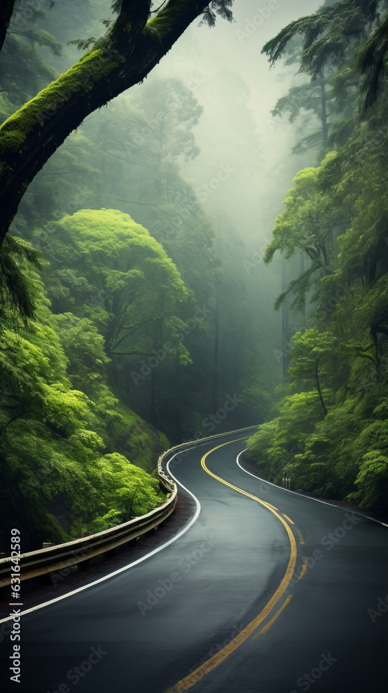 A scenic road surrounded by a vibrant green forest