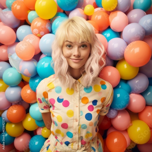 A young smiling girl in a lively dress ready for a party. Balloons as background. Generative AI