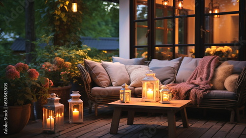  terrace outside ,blurred lantern candle light, soft sofa flowers and trees in garden ,cozy house  atmosfear on evening  photo