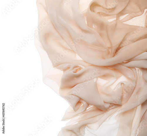 Beautiful colorful tulle fabrics on white background, top view. Space for text