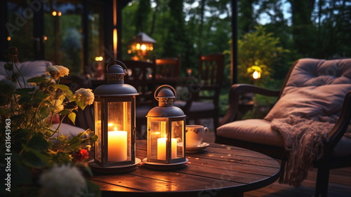  terrace outside  blurred lantern candle light  soft sofa flowers and trees in garden  cozy house  atmosfear on evening 
