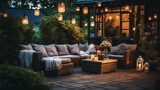 terrace outside ,blurred lantern candle light, soft sofa flowers and trees in garden ,cozy house  atmosfear on evening 