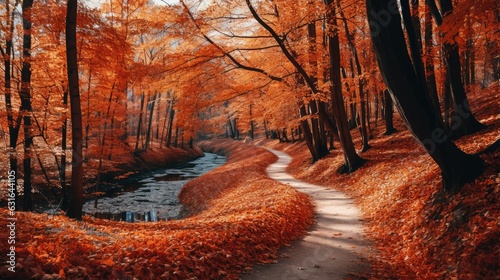 winding forest path covered in a carpet of vibrant orange and red leaves