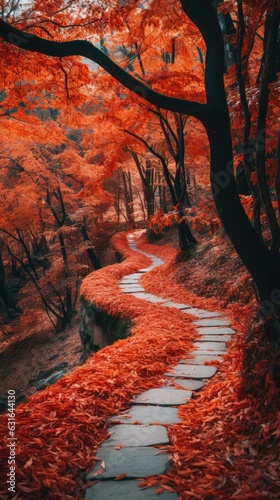 winding forest path covered in a carpet of vibrant orange and red leaves