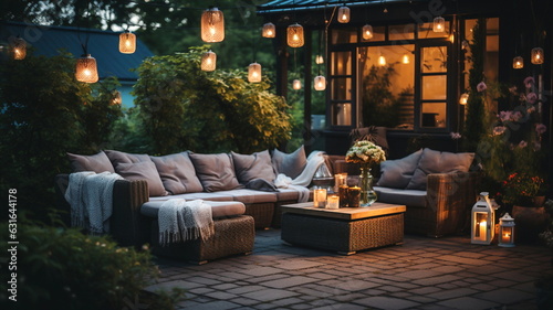  terrace outside ,blurred lantern candle light, soft sofa flowers and trees in garden ,cozy house atmosfear on evening 