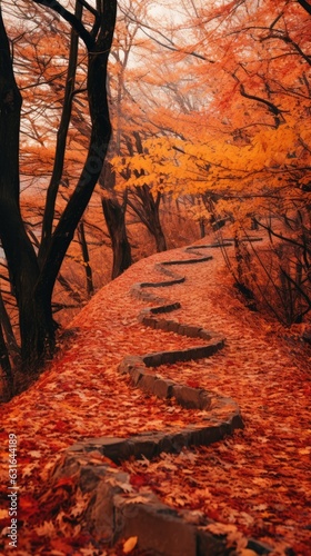winding forest path covered in a carpet of vibrant orange and red leaves