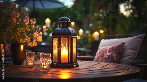 cozy cafe terrace outside ,blurred lantern candle light, soft sofa flowers and trees in garden ,cozy house atmosfear on evening 