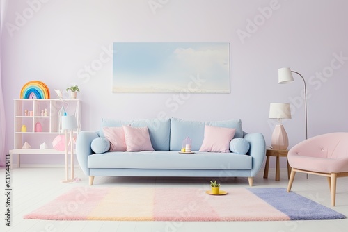 Modern interior pastel girly living room, cozy blue couch, pastel pillows and colorful painting at walls. Generative AI. photo