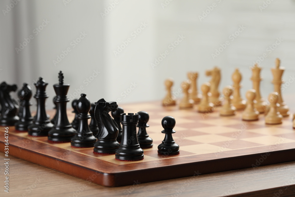 Set of chess pieces on checkerboard before game, selective focus. Space for text Set of chess pieces on checkerboard before game, selective focus. Space for text
