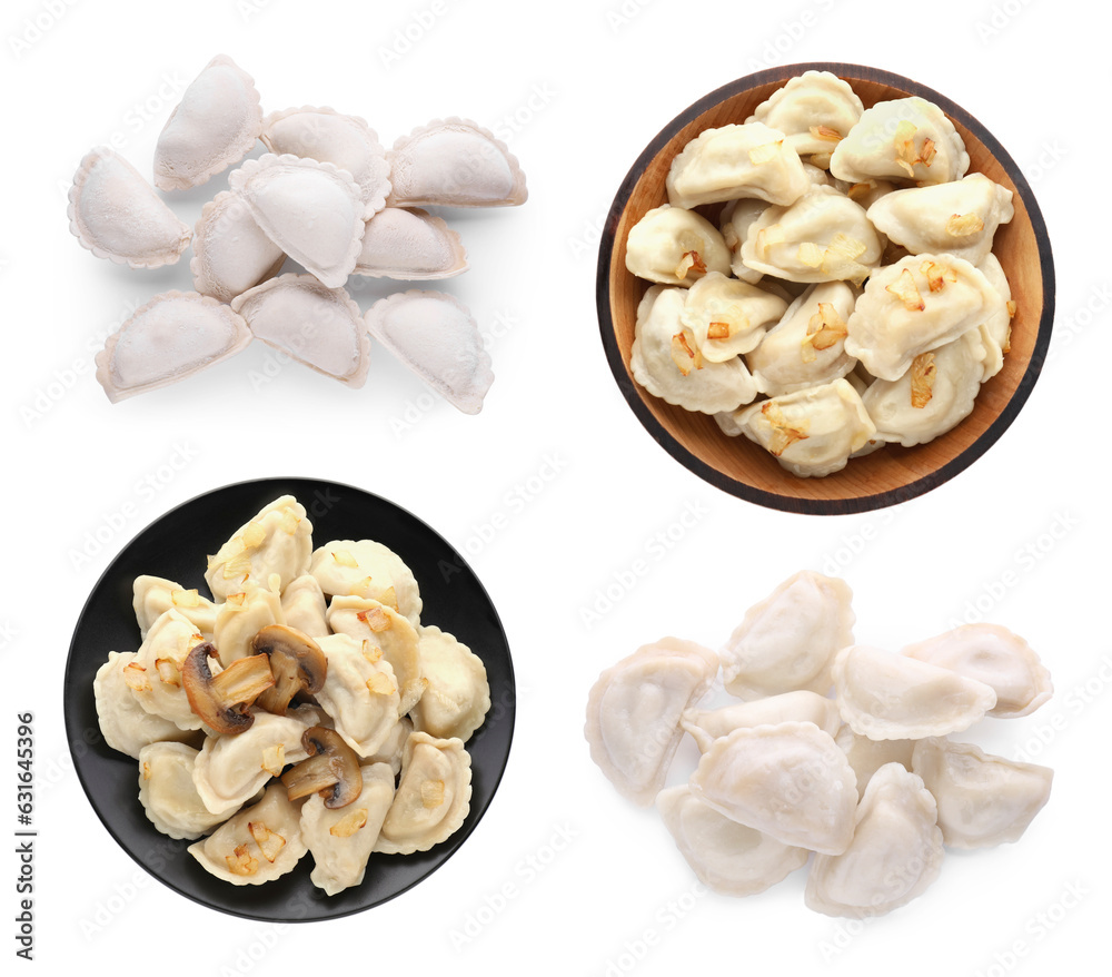 Set of dumplings (varenyky) with potato and onion on white background, top view