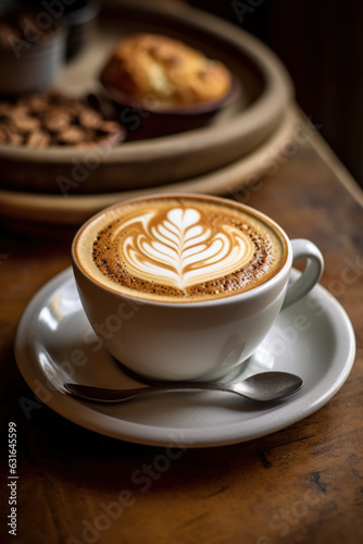 Close-up view of cup of coffee wooden table top in a cafe