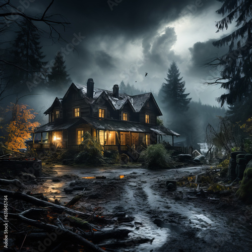 Dark, stormy clouds over a mysterious, abandoned building in a solitary, wild space. Book cover. © PhotoRK