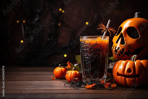Halloween drink in glass with ice cube and sugar rim on black background with pumpkins and candles. Close up. Copy space . Generative AI.