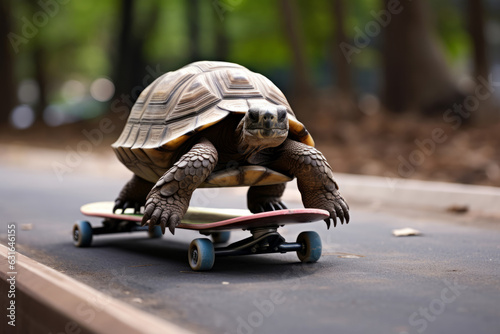 A tortoise riding on a skateboard. Strategy and performance concept photo