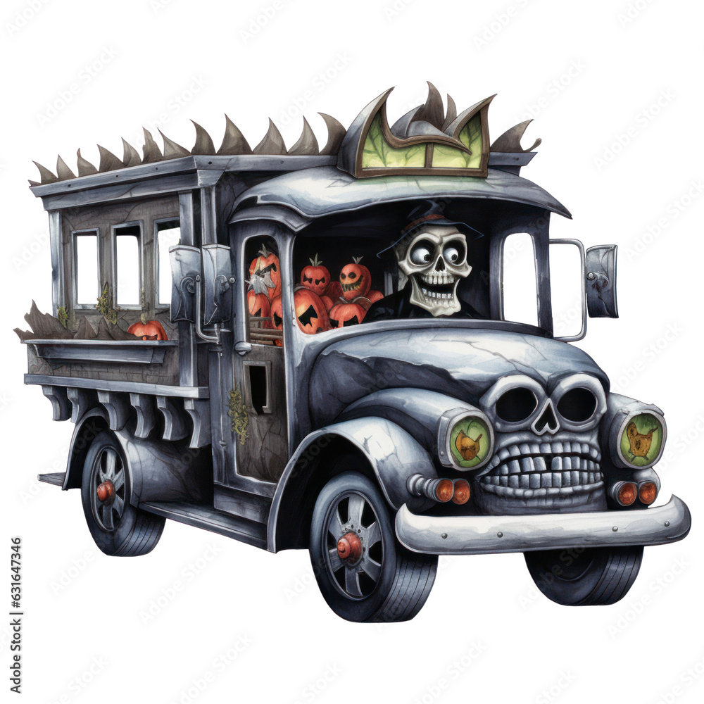 Halloween Truck, Watercolor, Spooky Season, Vintage Car with Skull Skeleton and Pumpkin. Isolated on Transparent Background. Generative AI