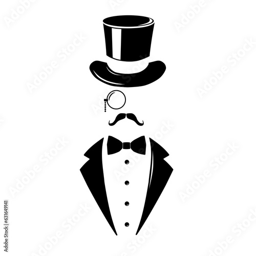 Man in Top Hat Tuxedo Suit Vector -  Illustration Black Silhouette Design Logo