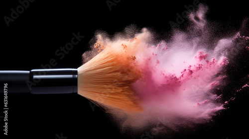 face brush with powder foundation on black background. facial cosmetics make up. generative AI