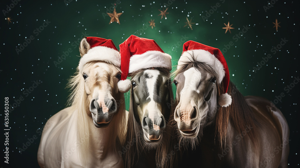 Portrait of three horses in santa hats celebrate christmas on green