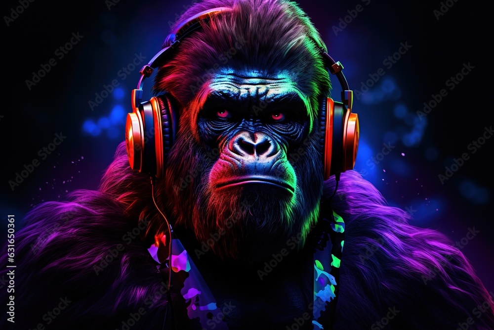 Huge Gorilla with Headphones in a Colorful Background.