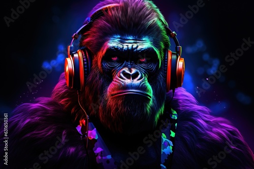 Huge Gorilla with Headphones in a Colorful Background.