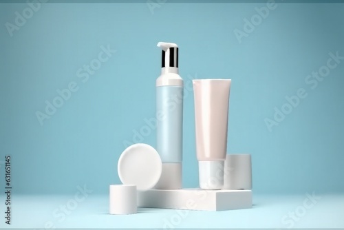 Three cosmetic product mockups on geometric podiums. Background for presentation of cosmetic. created generative ai.