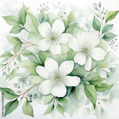 A Seamless Watercolor Collection of Green Leaf and Flowers, Generative AI