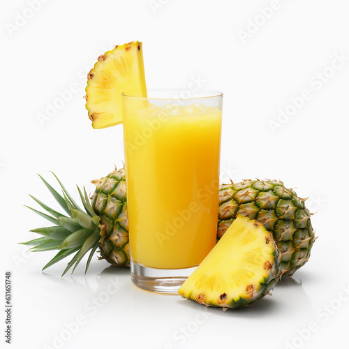 Fresh pineapple juice and pineapple on the side on white background