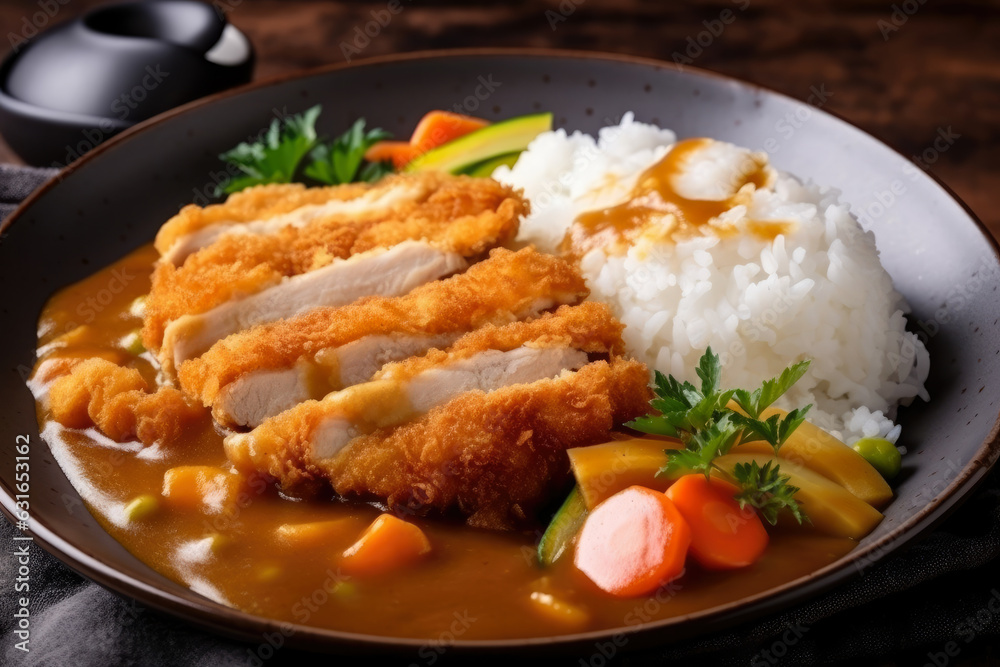 Fototapeta premium Chicken katsu curry with rice and vegetables in a deep dish - a flavorful and delicious Japanese cuisine meal for lunch or dinner.