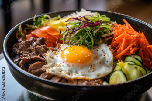 A beautifully arranged wooden bowl showcases the close-up of Bibimbap ingredients, eagerly waiting to be mixed for a flavorful explosion of colors and traditional Korean cuisine.