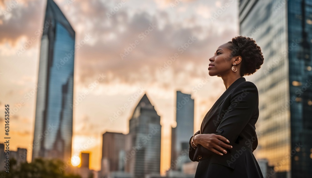 Successful black businesswoman in city at sunset, dreaming of investments Successful black businesswoman in city at sunset, dreaming of investments