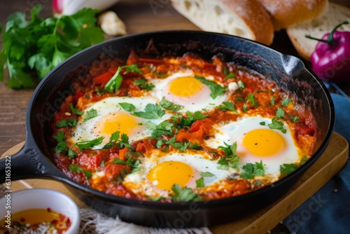 Shakshuka, a flavorful and aromatic Middle Eastern breakfast dish, is served in a cast-iron skillet with a crusty slice of bread and garnished with fresh herbs, creating a steamy