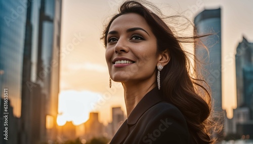 “Middle eastern businesswoman in city at sunset dreaming of success and opportunities