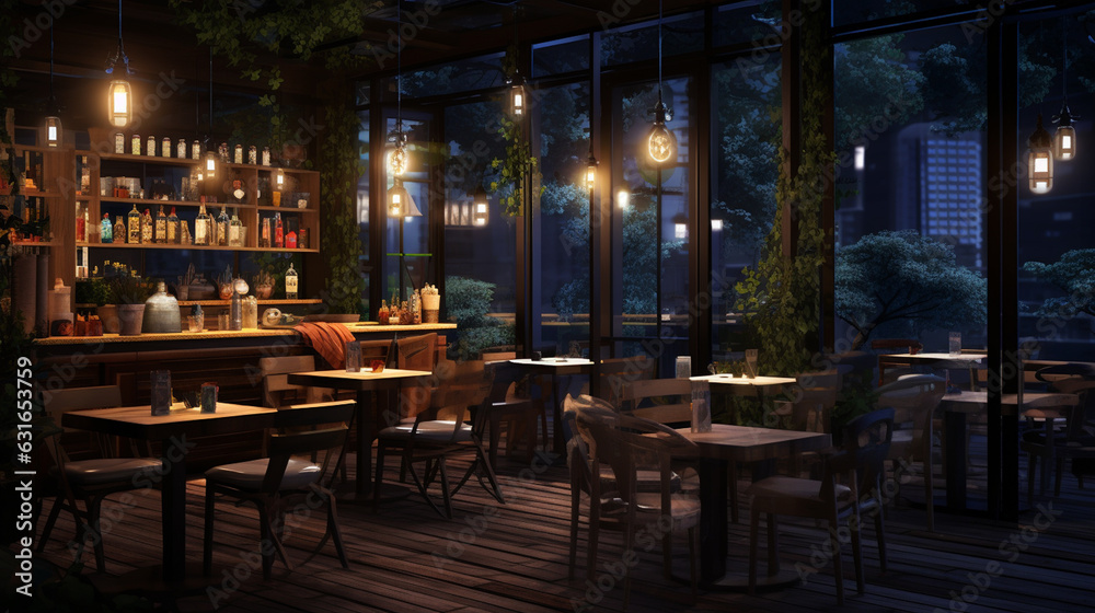 Atmosphere of a modern cafe in the peaceful evening