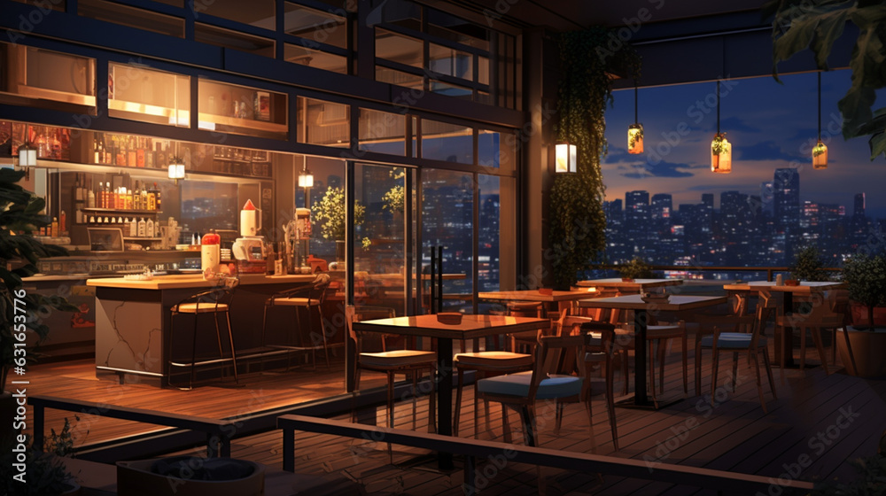 Atmosphere of a modern cafe in the peaceful evening