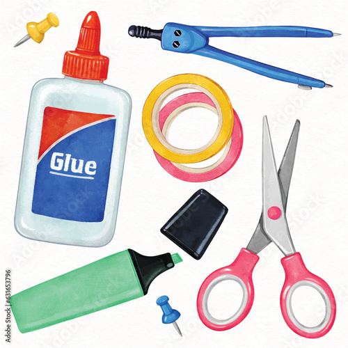 School supplies vector set in watercolor style, scissors, glue, drawing compass, washi tape, marker. student equipment. Back to school concept