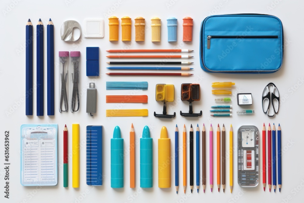 set of stationery and school supplies laying on white table surface ground. isolated on white background. Generative AI