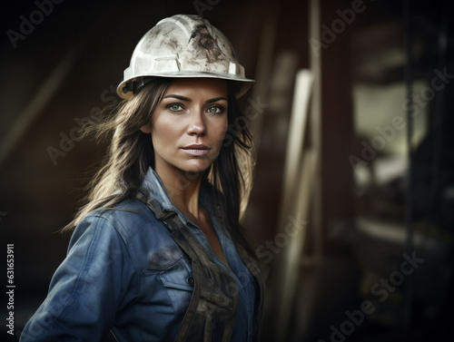 woman working on a construction site, construction hard hat and work vest, smirking, middle aged or older,