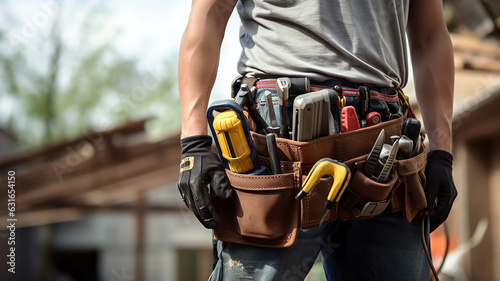 construction professional equipped with a tool belt against a house backdrop