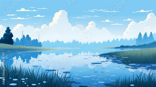 Tranquil scenery of a calm lake when it gets dark, illustration