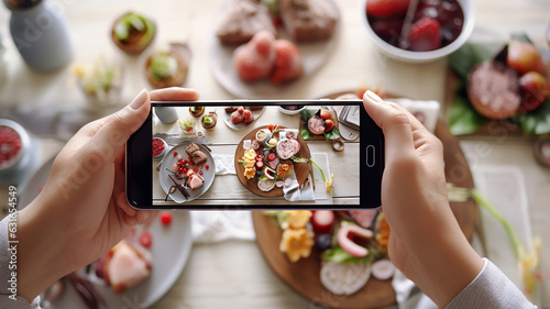 person's hand, holding a smartphone and camera, showcases baking tools in the background