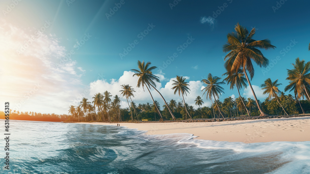 Sandy tropical beach framed by palm trees under the bright sun