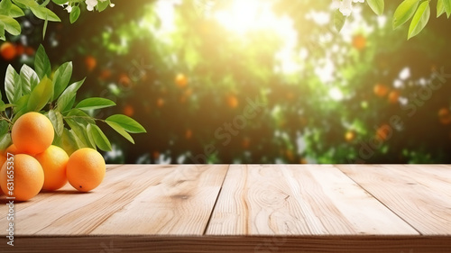 Wooden table providing free space for your decorations, surrounded by orange trees with ripe fruits in sunlight