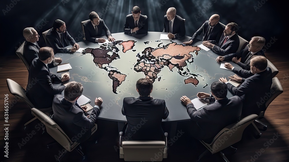 World leaders intensely discussing around a table, with a world map behind, reflecting geopolitical tensions and disputes. Generative AI - obrazy, fototapety, plakaty 
