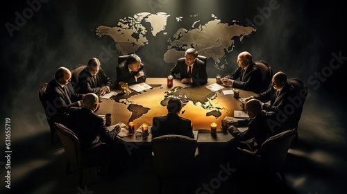 World leaders intensely discussing around a table, with a world map behind, reflecting geopolitical tensions and disputes. Generative AI