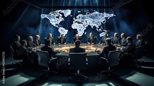 World leaders intensely discussing around a table, with a world map behind, reflecting geopolitical tensions and disputes. Generative AI photo