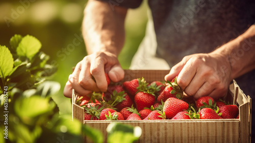 man picking ripe strawberries from a paper box adorned with fresh green leaves
